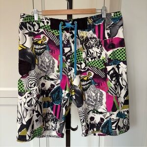 Volcom Bananas Mod Boardshorts Bold Neon Graphic in Pink Green & Blue Size 36 XL